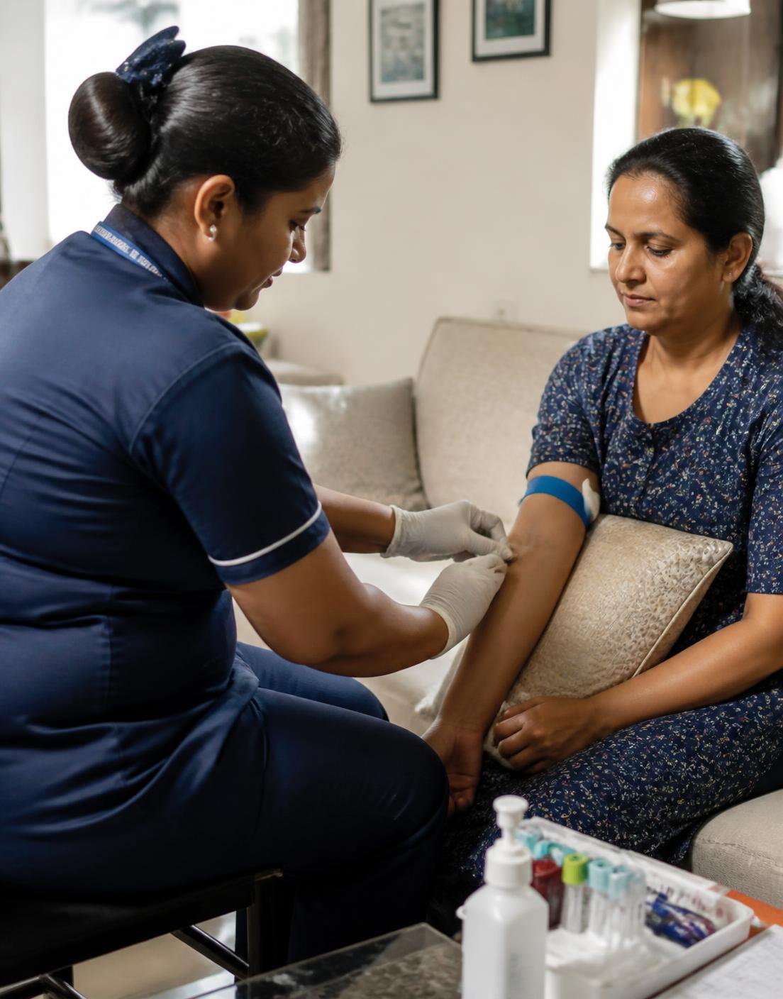 A trained collection professional drawing a sample at a patient's home
